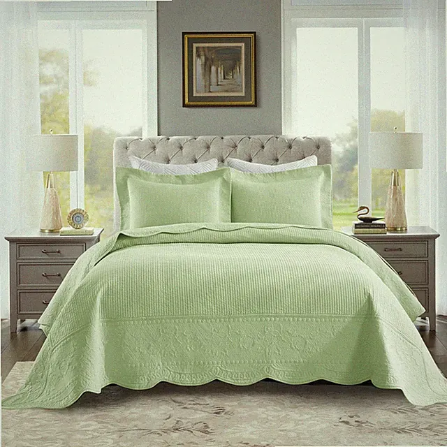 3-Piece Elegantly Embroidered 100% Cotton Oversized Quilt Bedspread Set TG