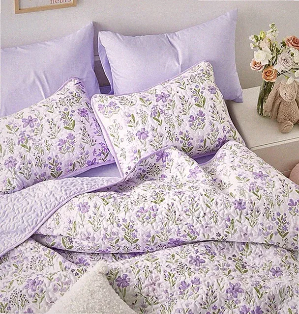3pc Purple Floral Quilt Set Full/Queen - Shabby Chic Cottagecore Bedspread Rose
