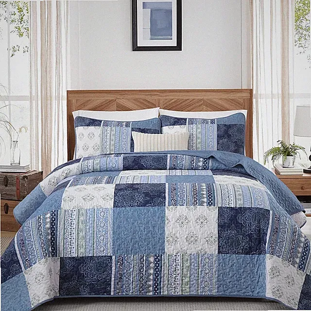 Blue Patchwork Quilt Set Queen Size,3 Pieces Boho Bedspread Coverlet Set Plaid