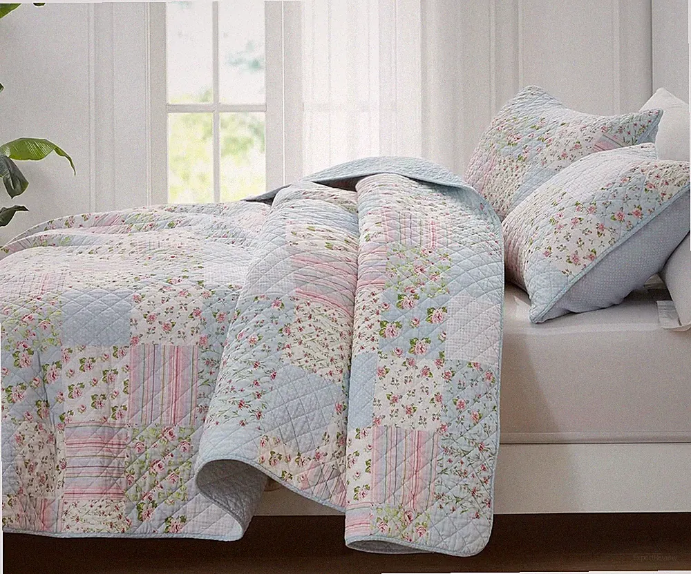 Blue Pink Shabby Chic Floral Bedspread Coverlet Set Pre-Washed Cotton Quilt Set