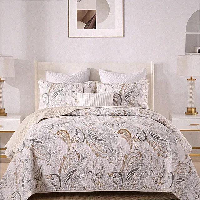 Boho Quilt Set Queen,Beige Paisley Floral Pattern Bedspread Coverlet Set with...