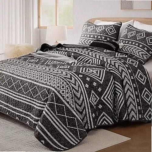 Boho Quilts Size and White Summer Stripe Bedspreads Bedding Set, Queen Black