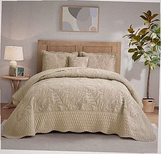 Botanical Oversized Bedspread Queen Size - Leaves Queen(102"x118") Taupe