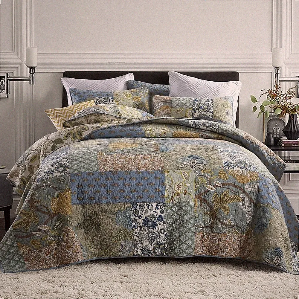 camandy Cotton Bedspread Quilt Bedding Sets Queen, Rustic Sage Patchwork