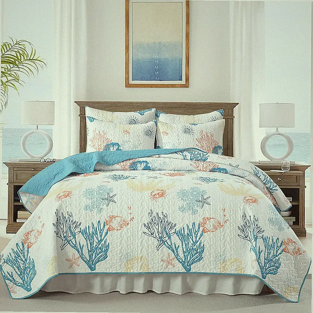 Coastal Quilt Bedding Set King Size, Reversible Summer Beach Quilt Lightweight O