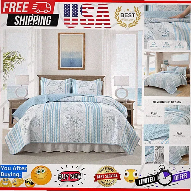 Coastal Quilt Bedding Set King Size, Striped Blue Summer Beach Quilt Lightwei...