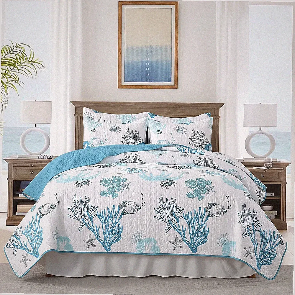 Coastal Quilt Bedding Set Queen Size, Reversible Blue Summer Beach Quilt Lightwe