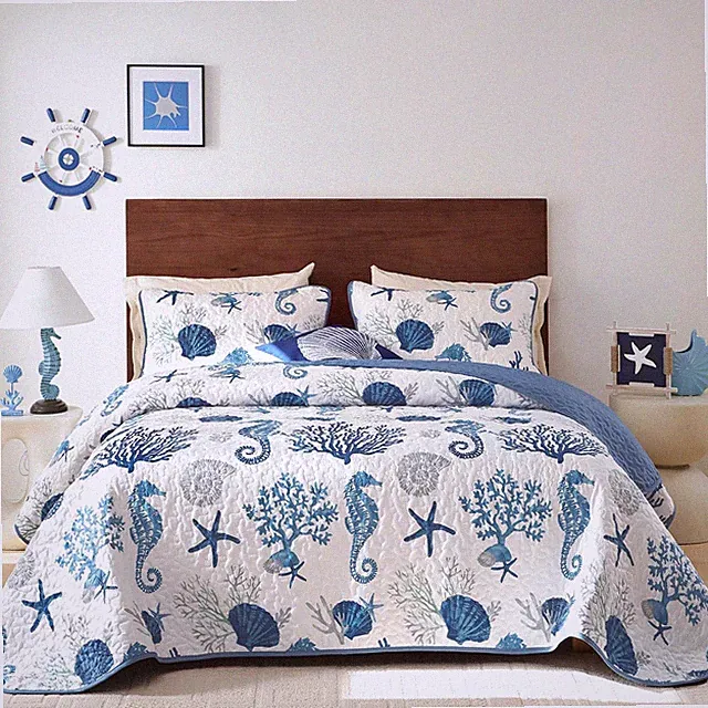 Coastal Quilt Set Queen Size 3 Pcs, Summer Blue Beach Theme Quilts with Pillo...