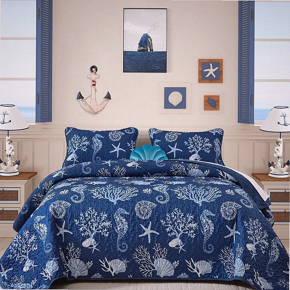 Coastal Quilt Set Queen Size 3 Piece, Summer Beach Blue Theme Quilts with Pil...
