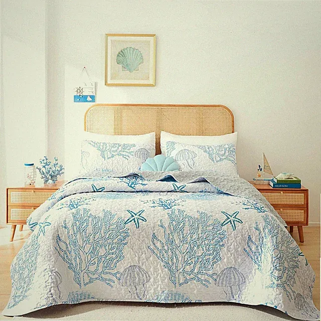 Coastal Quilts Bedding Set Queen Size - Blue Summer Nautical Bedding Quilt wi...