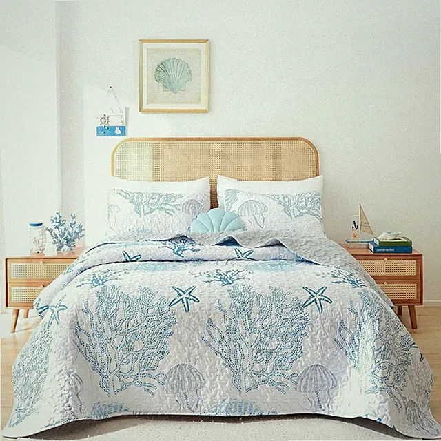 Coastal Quilts Bedding Set Queen Size - Blue Summer Nautical Bedding Quilt with