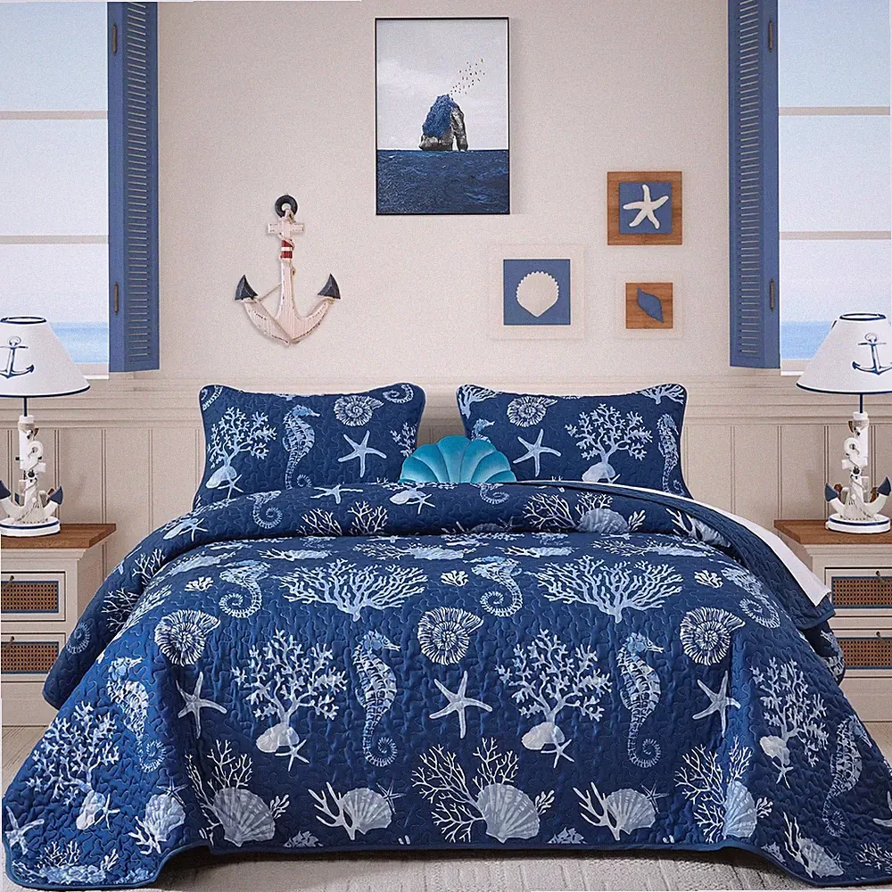 Djoymock Coastal King Size Quilt Set 3 Pcs, Summer Blue Beach Theme Quilts wi...