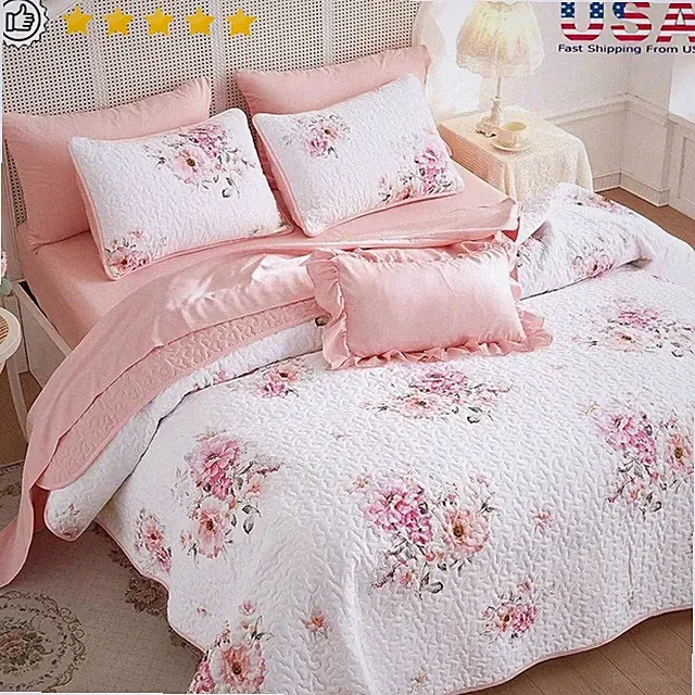 Elegant Shabby Chic Floral Quilt Set 3 Pieces Soft Lightweight Bedspread New