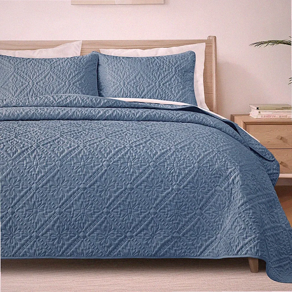 Exclusivo Mezcla Cali King Quilt Bedding Set Lightweight Soft Bedspread Gray Blu