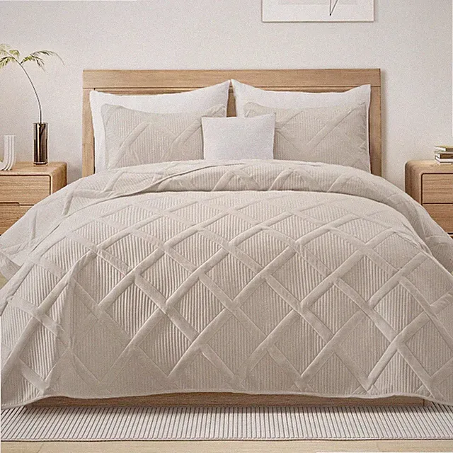 Exclusivo Mezcla Quilts Queen Size - Brich Beige Quilt Set Bedspread with 2 P...