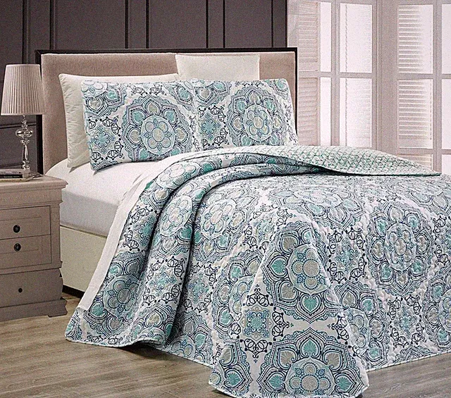 Fancy Linen 3-Pc King/California King Bedspread Set, Blue Medallion, Reversible