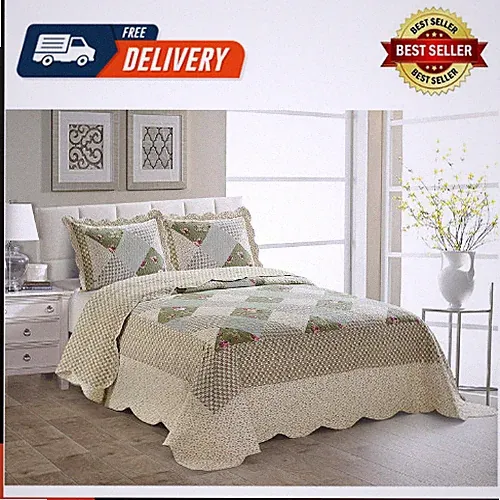 Fancy Linen over Sized Quilted Coverlet Bedspread Set New (King/California King