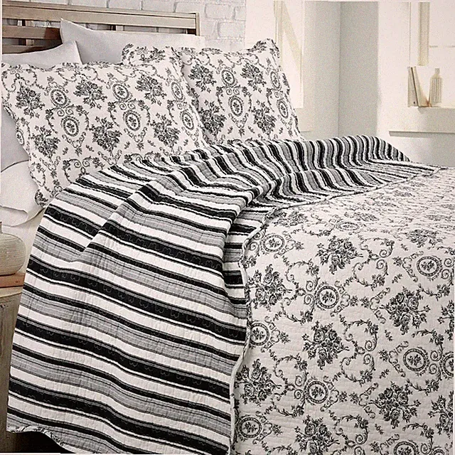 French Medallion Black 100% Cotton Quilt Set, Bedspread, Coverlet