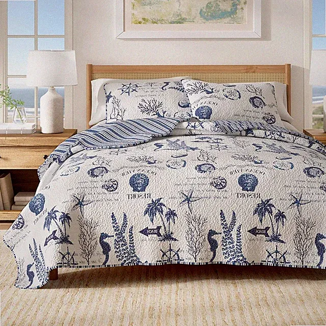 Full / Queen Coastal Quilt Bedding Set, Summer Coastal Quilt with Shams, Beach 3