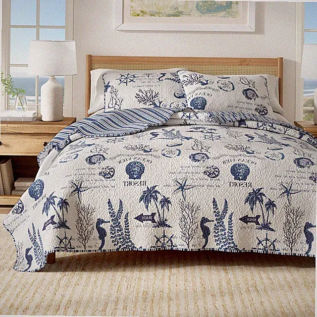 Full / Queen Coastal Quilt Bedding Set, Summer / Queen, Navy