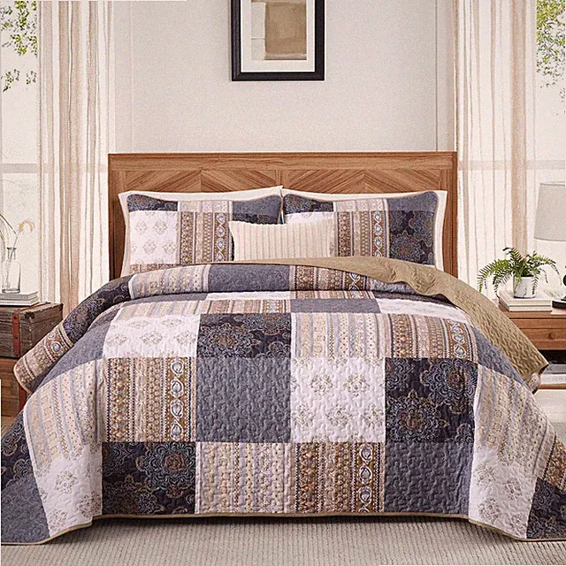 Grey Patchwork Quilt Set Queen Size,3 Pieces Brown Boho Bedspread Coverlet Se...