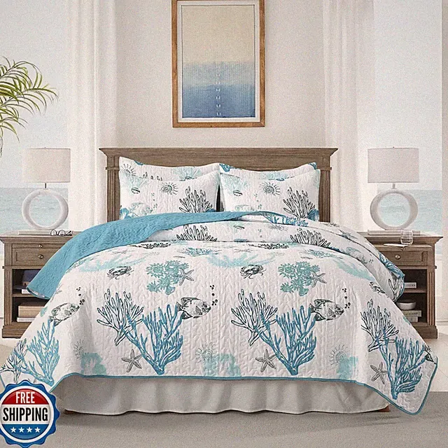 HORIMOTE HOME Coastal Quilt Bedding Set Queen Size, Reversible Blue Summer Be