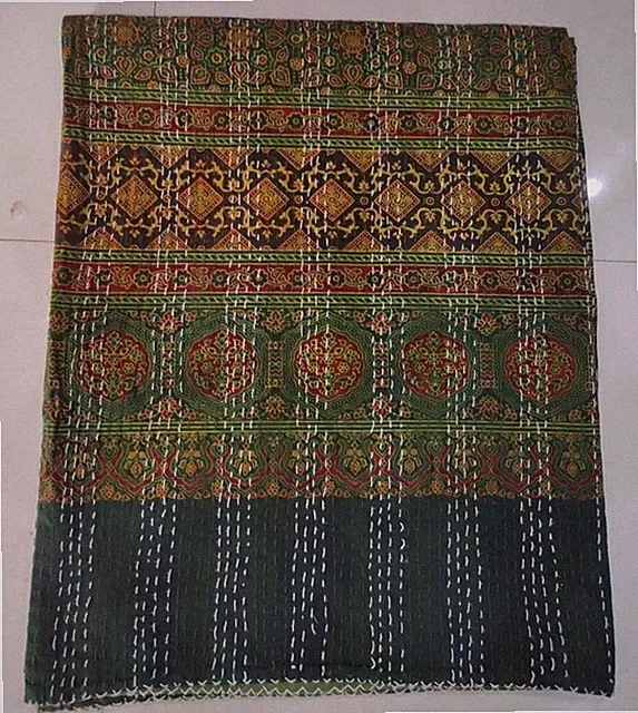Indian Kantha Quilt Cotton Bedspread King Size Blanket Hand Block Bedding Throw