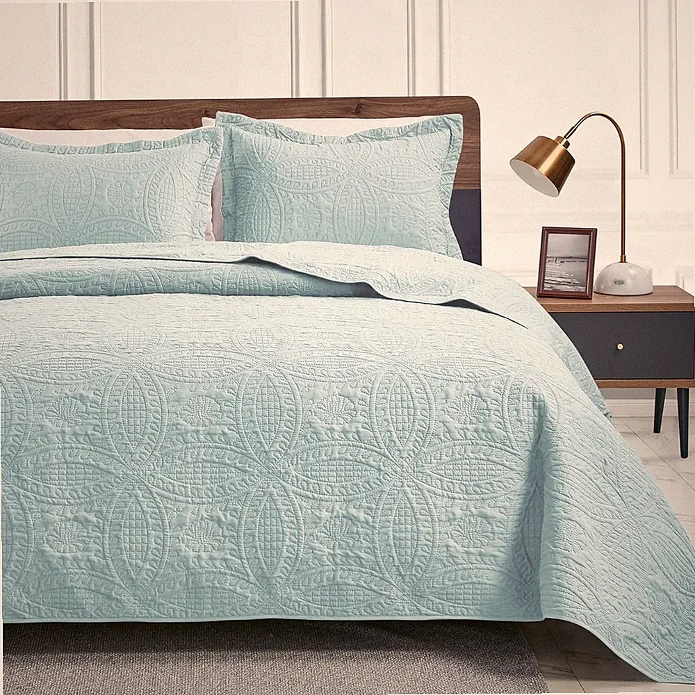 King Size Quilt Set Spa-Blue Bedspreads Soft Bed Summer Lightweight Bedspread