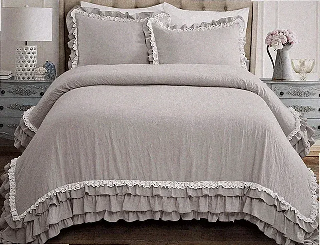 Lush Décor Ella Shabby Queen Bedspread Set Light Gray Ruffled Lace Trim