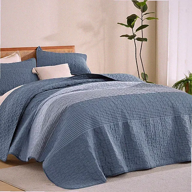 Oversized Queen Quilt Set Blue Linen, 98x98 Stripe Bedspread Coverlet