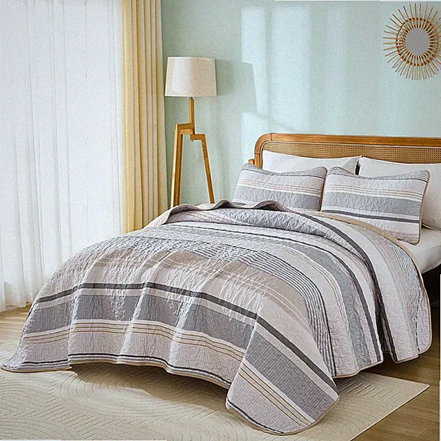 Quilt Queen Size Khaki Grey, 3 Pieces Boho Striped Bedspread Bedding for Queen S
