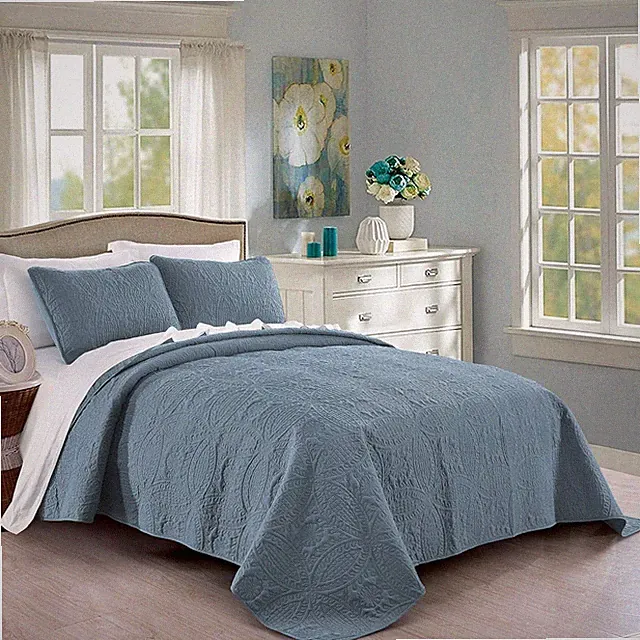 Quilt Set Full/Queen Size Ash Blue - Oversized Bedspread - Soft Microfiber Light