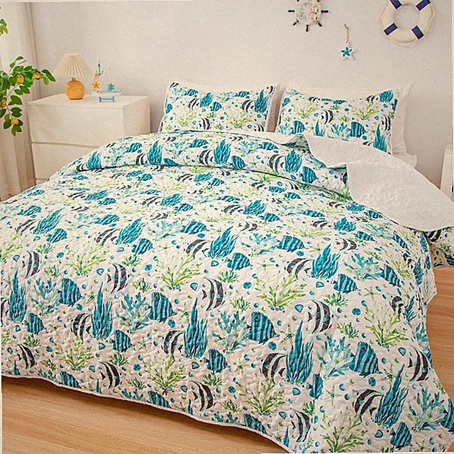 Reversible Coastal Bedspreads Queen Size Summer Comforter 88"x92" Ocean Blue
