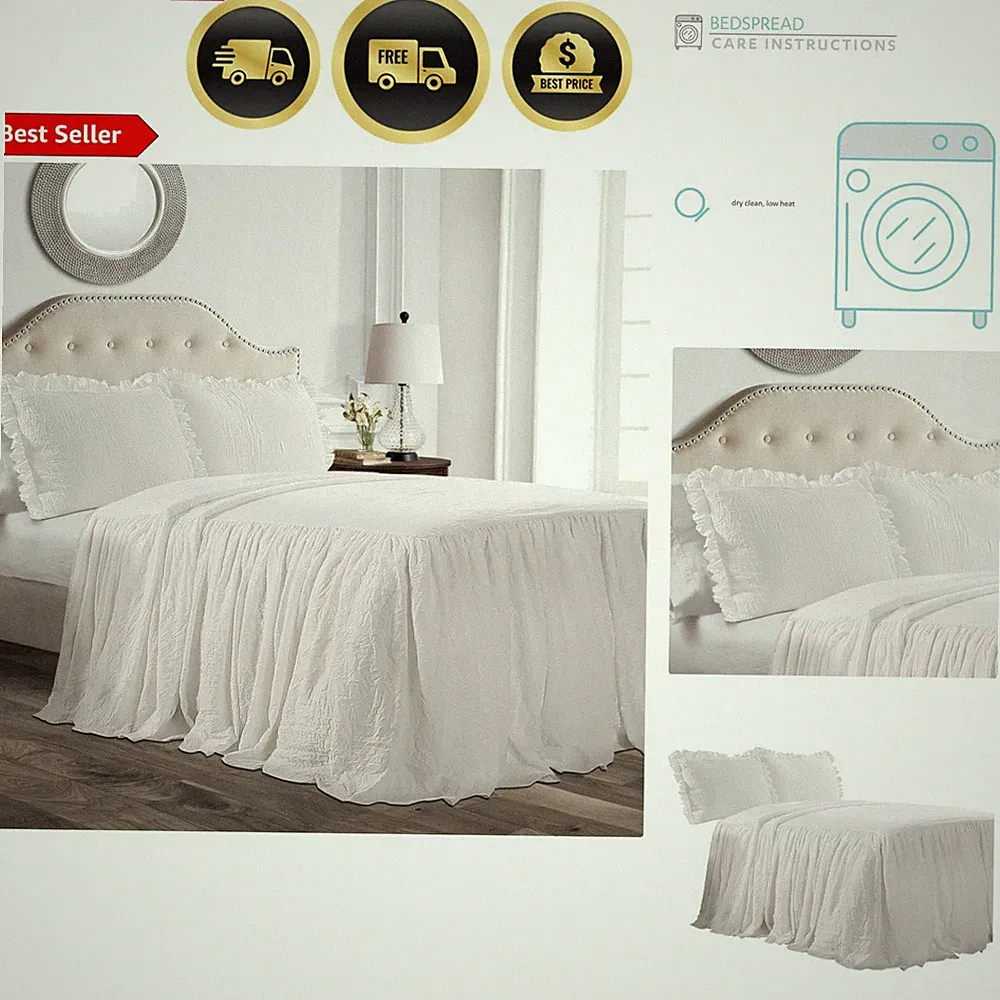 Ruffle Bedspread Set - Farmhouse Bedding - King Size Ruffle Skirt Linen