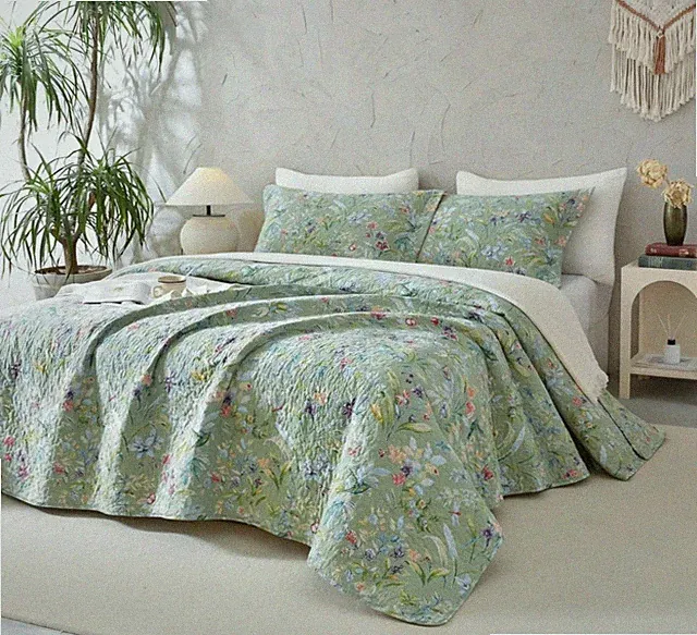 Sanracie Oversized King Quilt Bedspread Set 128x120 Washed Cotton