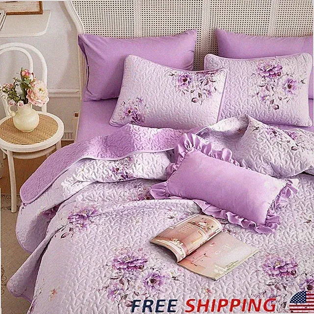 Shabby Chic Quilted Bedspread Set W/ Flower Pattern Cozy Bedroom Decor New