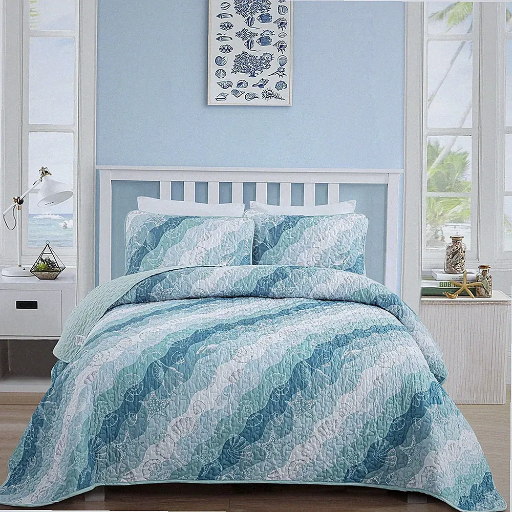 Summer Coastal Quilt Set Queen Size, Blue Green Ocean Beach Themed Bedding Se...